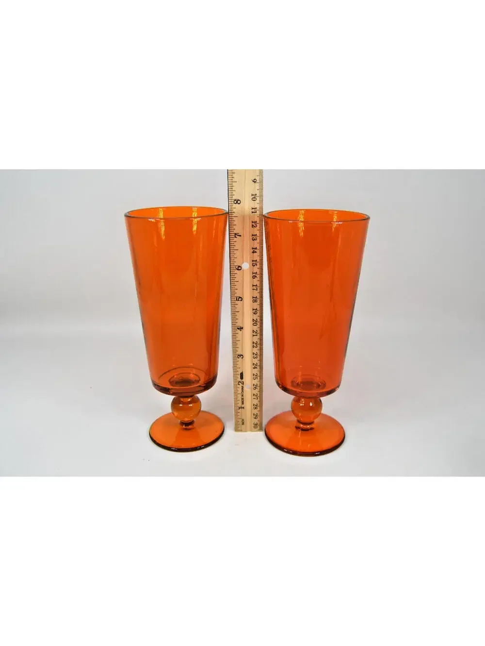 Mid Century Orange Glass Water Goblet Bubble Knob Stem 7